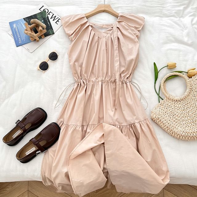 Drawstring Waist Ruched Panel V-Neck Sleeveless Maxi Dress