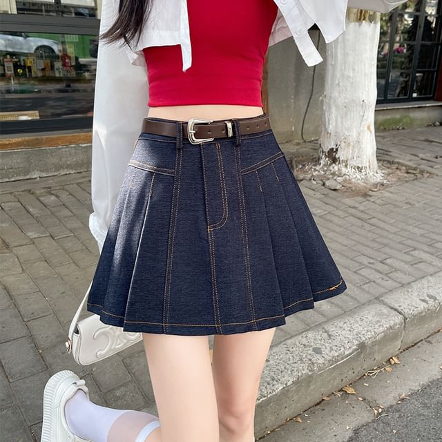 Chic Pleated Denim A-Line Mini Skirt