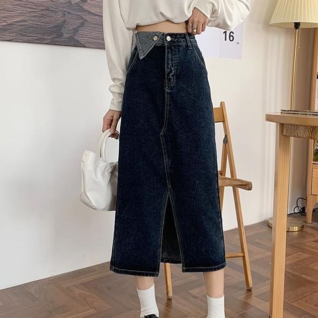 Washed Denim Slit Midi A-Line Skirt with High Rise