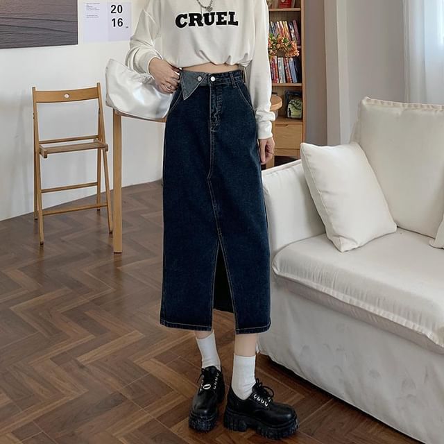 Washed Denim Slit Midi A-Line Skirt with High Rise