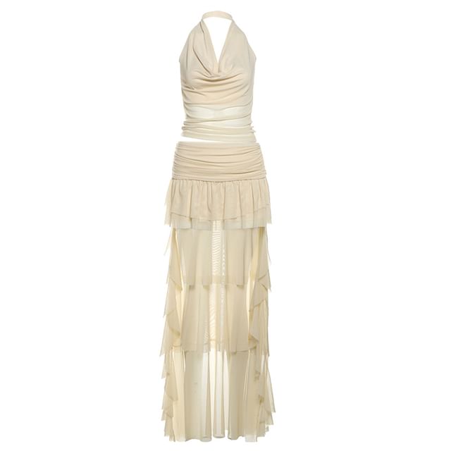 Set: Cowl Neck Sleeveless Crop Top & Ruffle High-Low Maxi Skirt