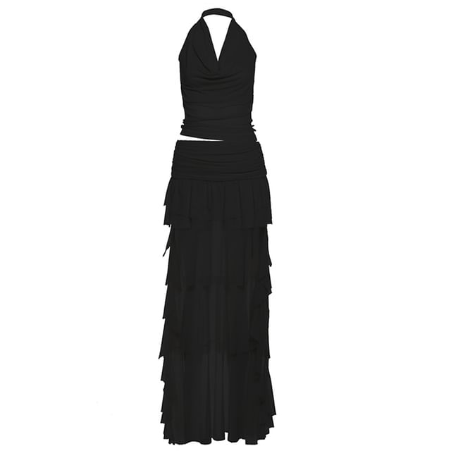 Set: Cowl Neck Sleeveless Crop Top & Ruffle High-Low Maxi Skirt