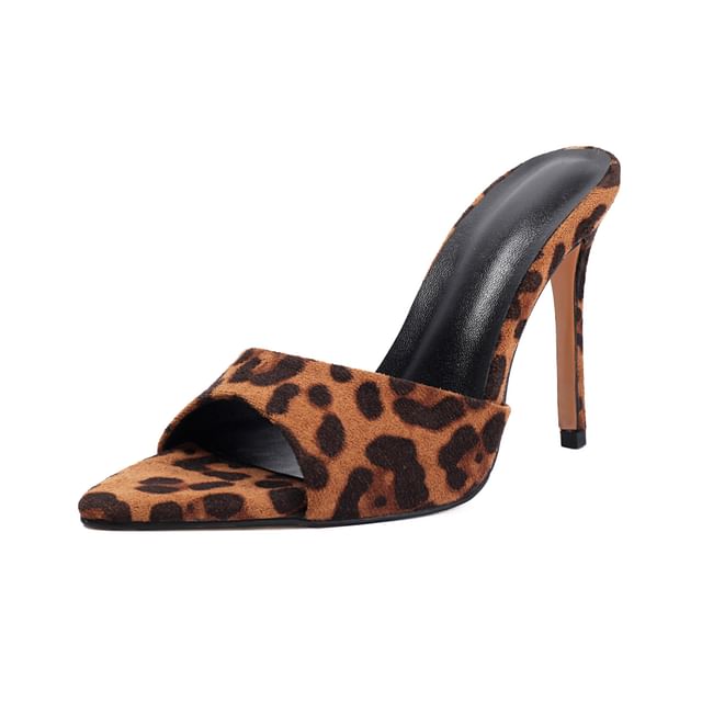 High Heel Leopard Faux Leather Slide Sandals