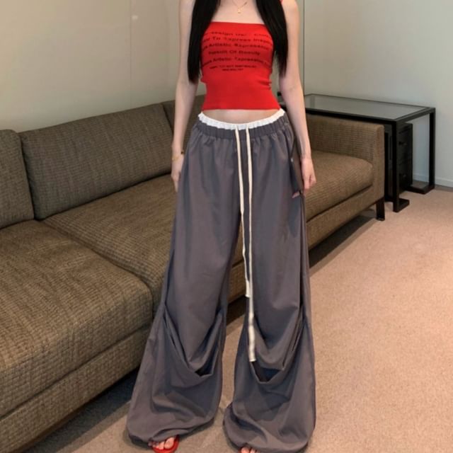 Top Pants Lettering Drawstring Print Camisole Wide Trim Crop / Contrast Waist Leg