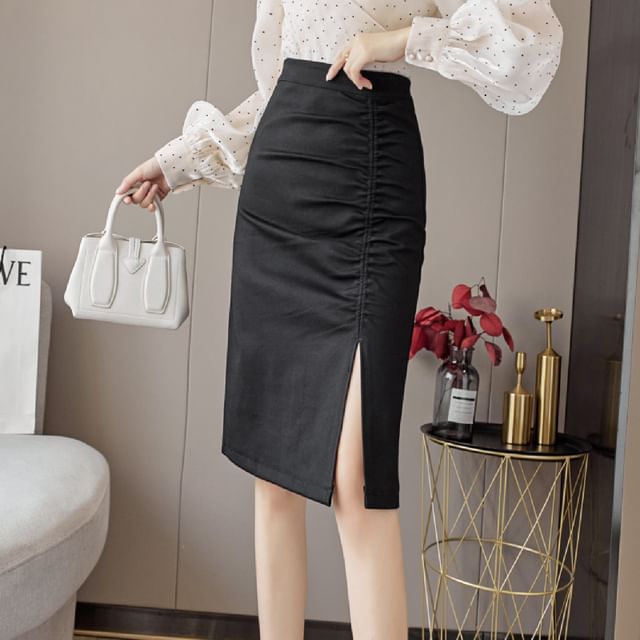 Ruched Slit Midi Pencil Skirt with High Waist