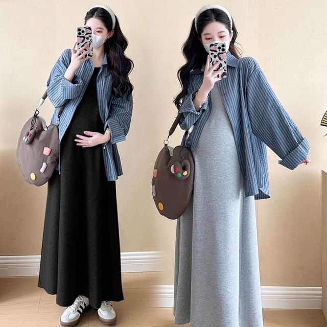 Striped Maternity Long Sleeve Shirt with Tank Dress
