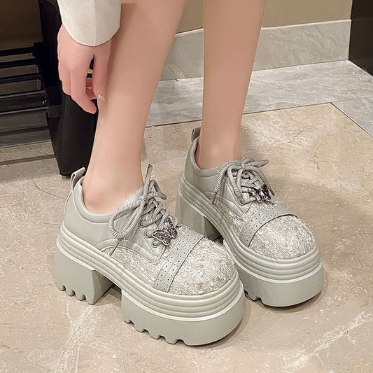 Shoes Brogue Tweed Lace-Up Panel Platform Leather Faux