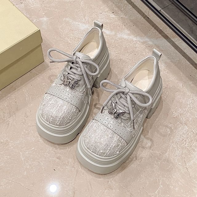 Shoes Brogue Tweed Lace-Up Panel Platform Leather Faux