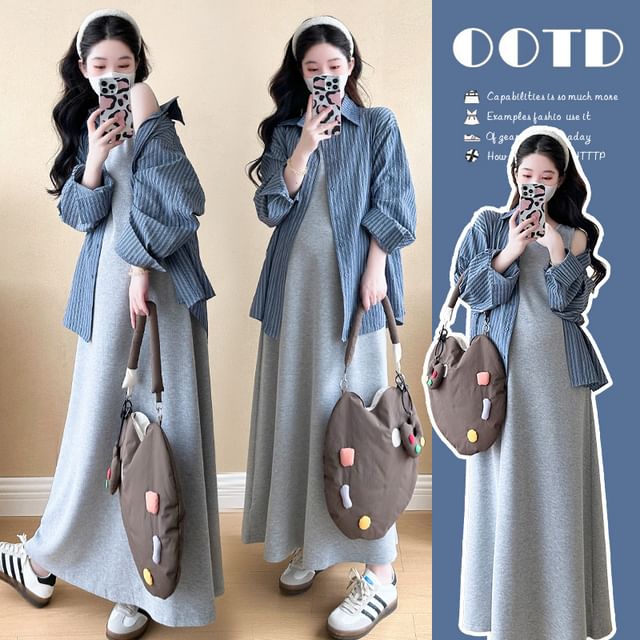 Striped Maternity Long Sleeve Shirt with Tank Dress