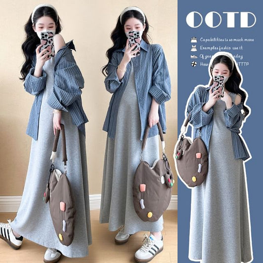 Striped Maternity Long Sleeve Shirt with Tank Dress