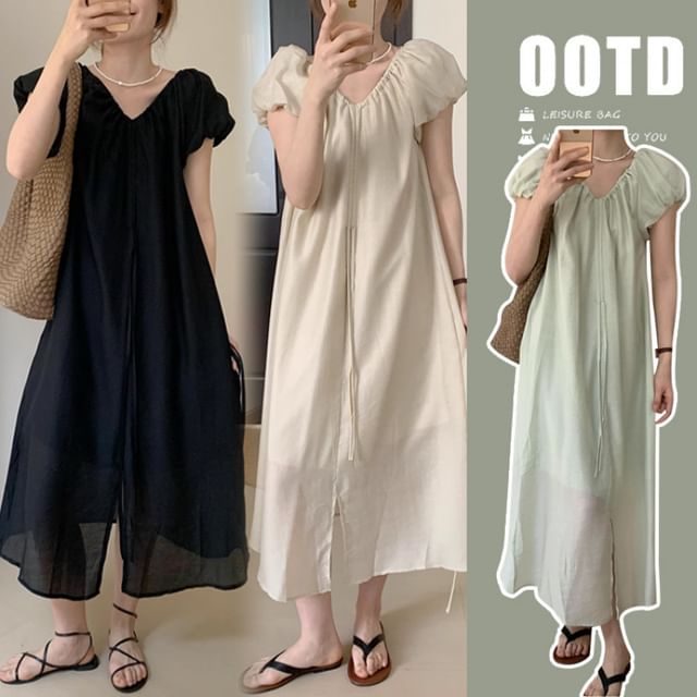 Puff Sleeve Maternity V-Neck Front Slit Sundress