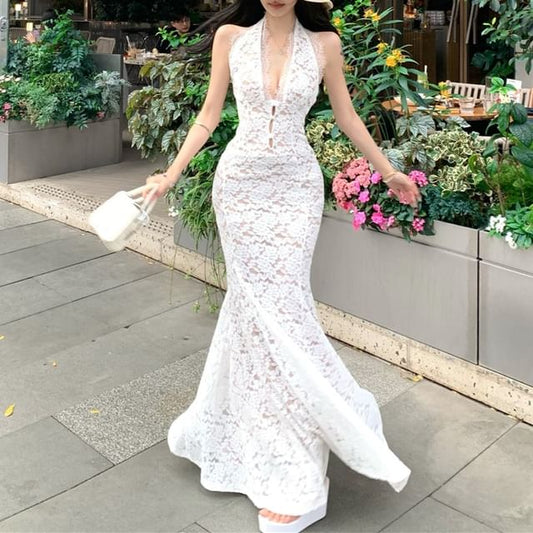 Lace Gown Evening Mermaid V-Neck Halter