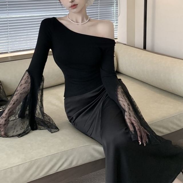 Long-Sleeve Plain Off Top Shoulder Lace Panel