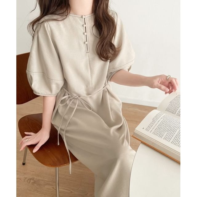 Button Slit Balloon Sleeve Contrast Stitch A-Line Maxi