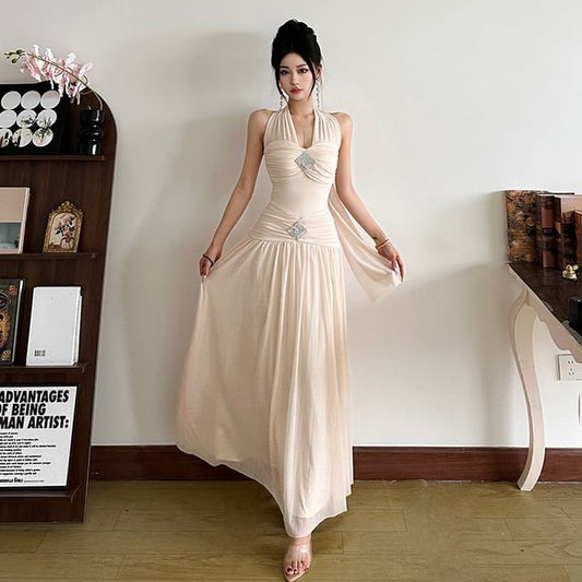 Rhinestone Halter Sheath Maxi Dress