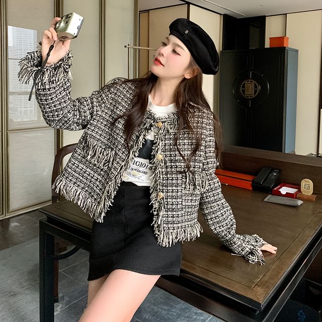 Tweed Tassel Trim Button-Up Jacket
