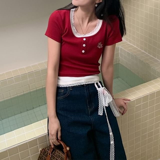 Mock Crop Two-Piece Top Square Short-Sleeve Neck