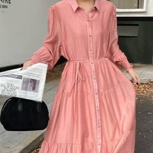 Collared Button-Up Long Sleeve Tunic Maxi Dress