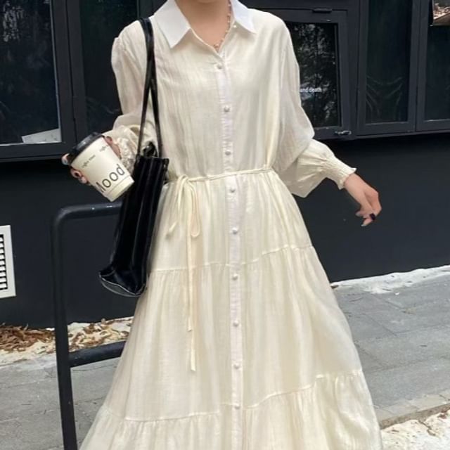 Collared Button-Up Long Sleeve Tunic Maxi Dress