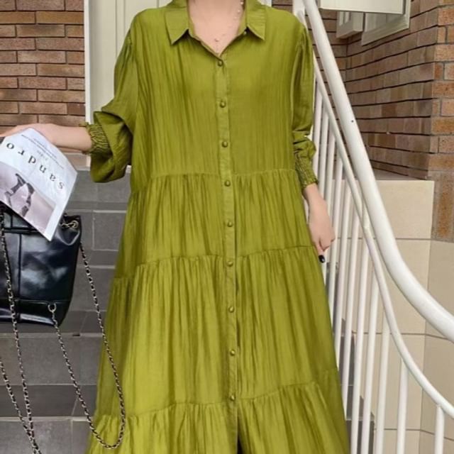 Collared Button-Up Long Sleeve Tunic Maxi Dress
