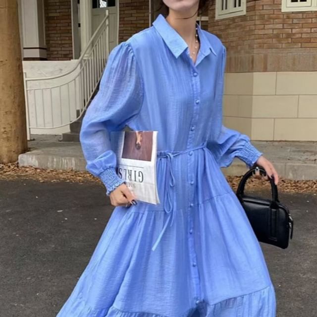 Collared Button-Up Long Sleeve Tunic Maxi Dress