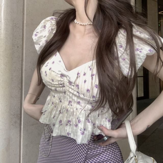 / Puff-Sleeve Skirt Mini Plaid Floral Peplum Pencil Cropped Blouse Asymmetrical Bow Rise High