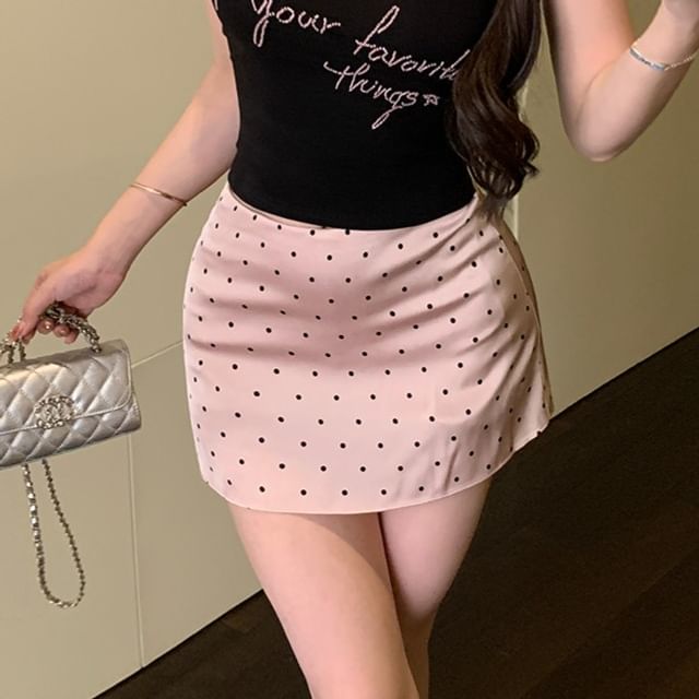 Skirt Embroidered Lettering Waist Slim Fit Pencil Tank Top Dotted / Off-Shoulder Mini High