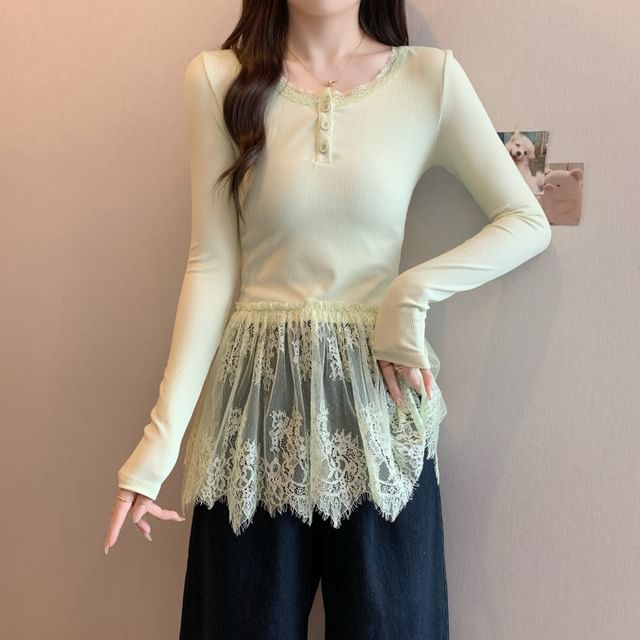 Long-Sleeve Fit Henley Peplum Panel Lace Slim T-Shirt