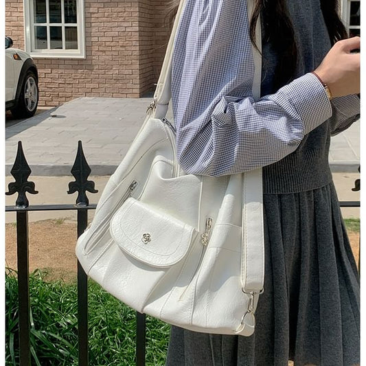 Leather Plain Shoulder Faux Bag