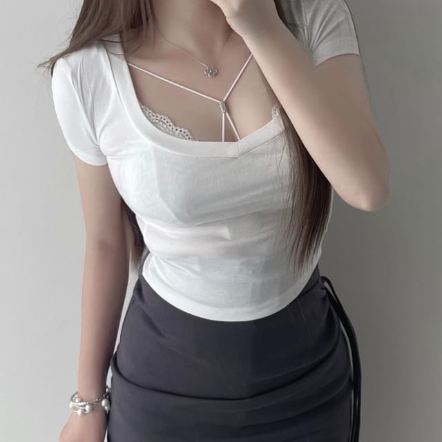 Top Crop T-Shirt Short-Sleeve / Fit Bra Slim Neck Scoop Halter Lace Plain