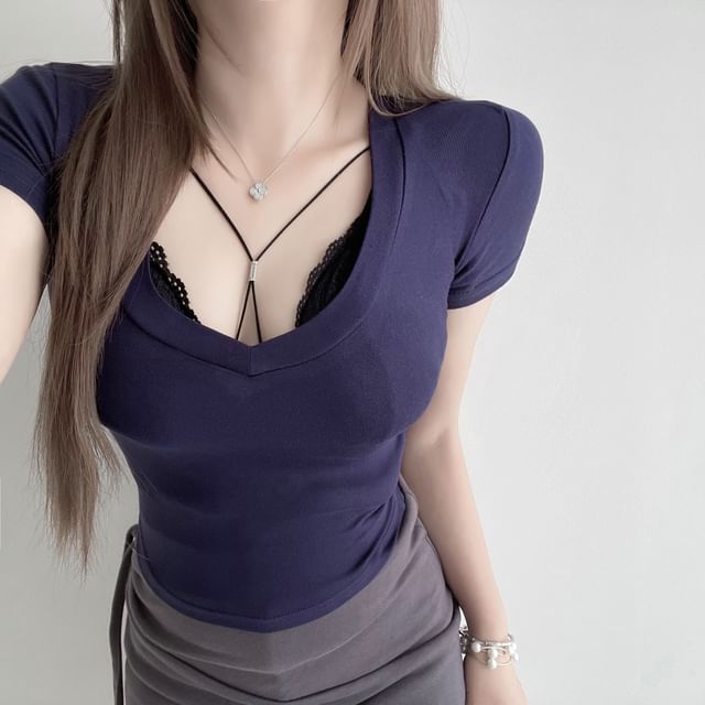 Top Crop T-Shirt Short-Sleeve / Fit Bra Slim Neck Scoop Halter Lace Plain