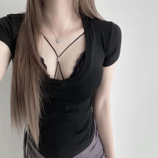 Top Crop T-Shirt Short-Sleeve / Fit Bra Slim Neck Scoop Halter Lace Plain