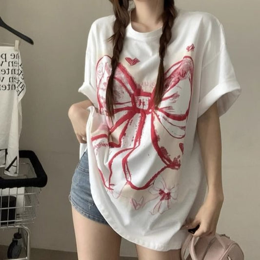 Bow Round Elbow-Sleeve Neck Oversized T-Shirt Print