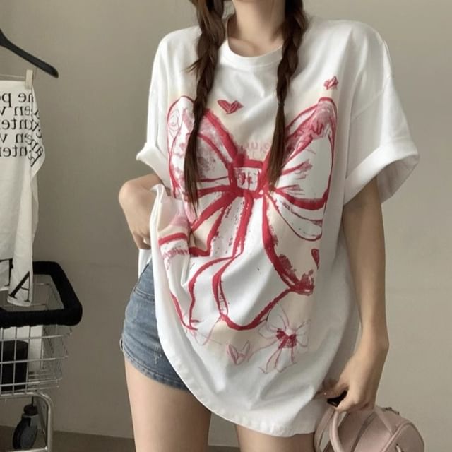 Bow Round Elbow-Sleeve Neck Oversized T-Shirt Print