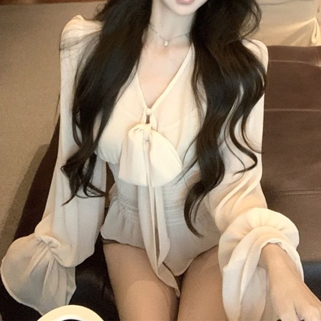+ V-Neck Plain Long Set: Camisole Bow Top Sleeve Blouse Peplum