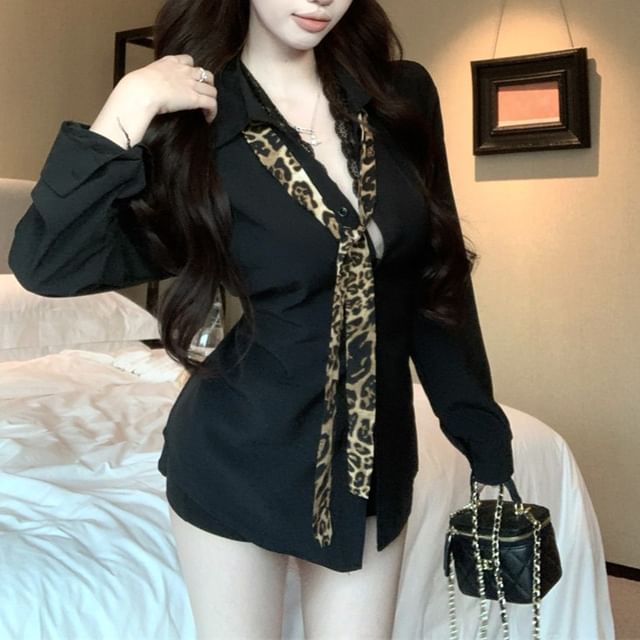 Collared Shirt Sleeve Long Plain Lace Panel