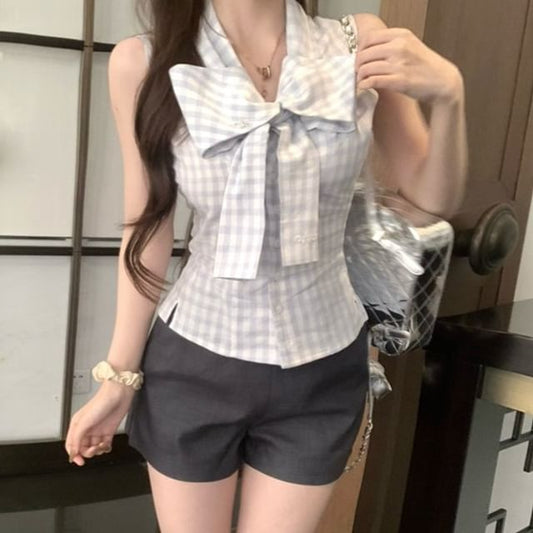 Dotted Ribbon Neck Sleeveless Top