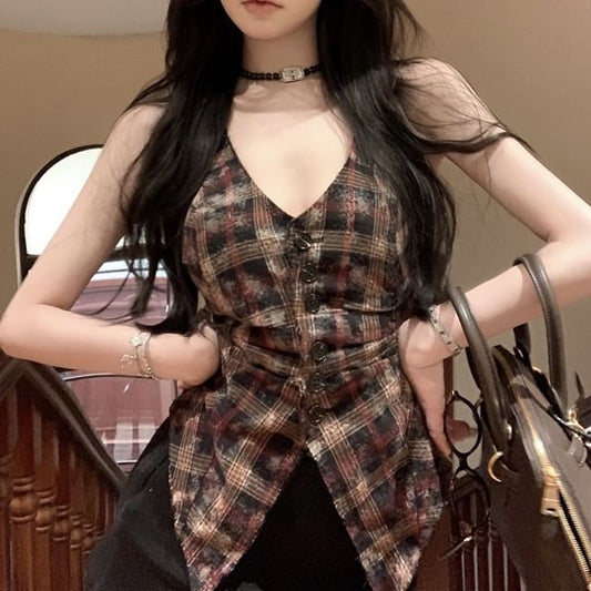 Top V-Neck Plaid Sleeveless Button-Up