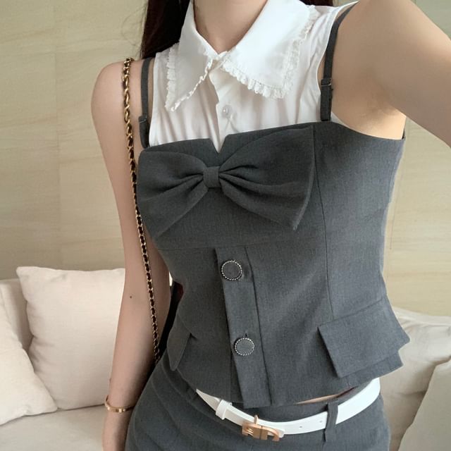Plain Skirt / Button-Up Crop Camisole Shirt Pencil Sleeveless Mini Top