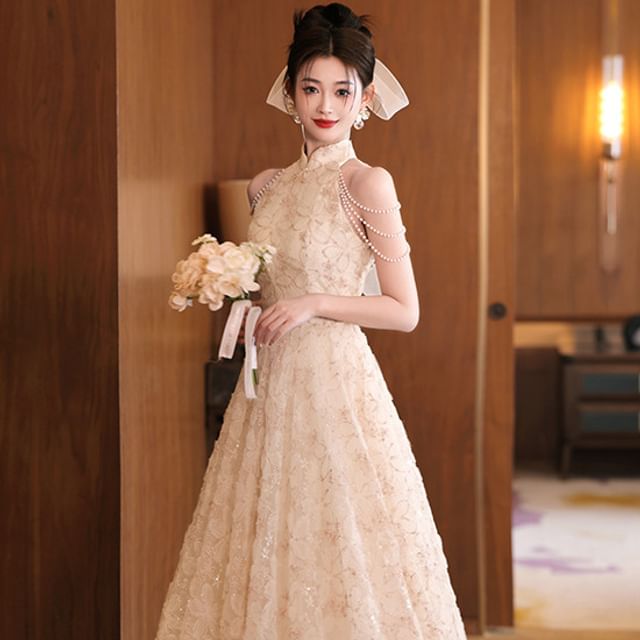 Floral Collar Evening Jacquard Halter Neck Dress Faux A-Line Stand Fringed Pearl