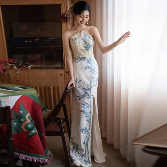 Halter Evening Embroidered Bamboo Mermaid Dress Neck Sequin Slit