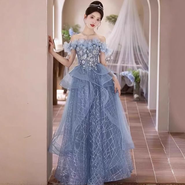 Ruffle Off-Shoulder Evening A-Line Sequin Gown Floral
