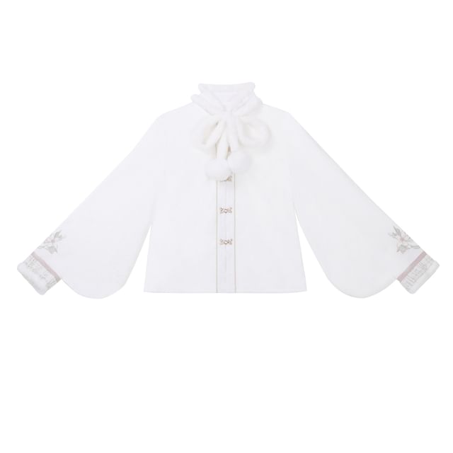 Long-Sleeve Stand Collar Jacquard Fluffy Trim Blouse / 3/4-Sleeve Rabbit Applique Open Front Jacket / High Waist Pleated Tweed Mini A-Line Skirt / Belt / Set