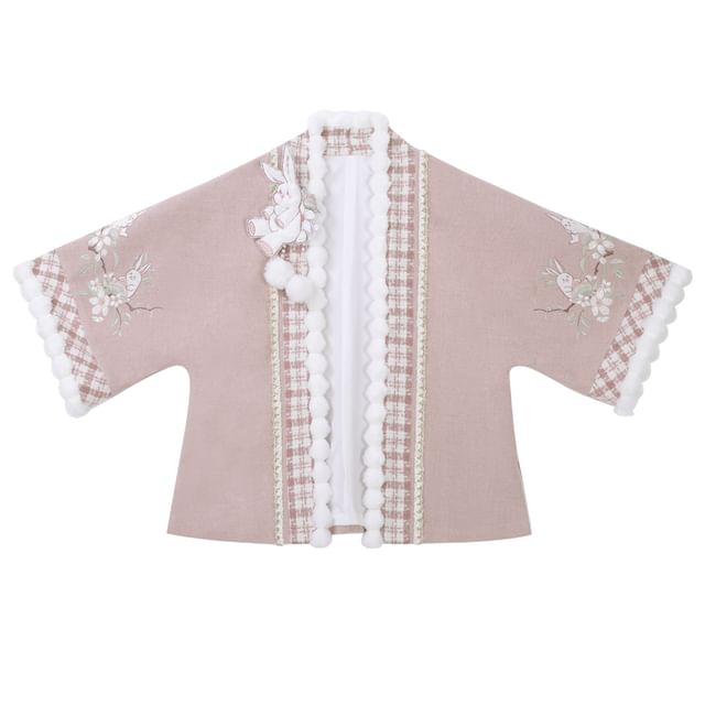 Long-Sleeve Stand Collar Jacquard Fluffy Trim Blouse / 3/4-Sleeve Rabbit Applique Open Front Jacket / High Waist Pleated Tweed Mini A-Line Skirt / Belt / Set