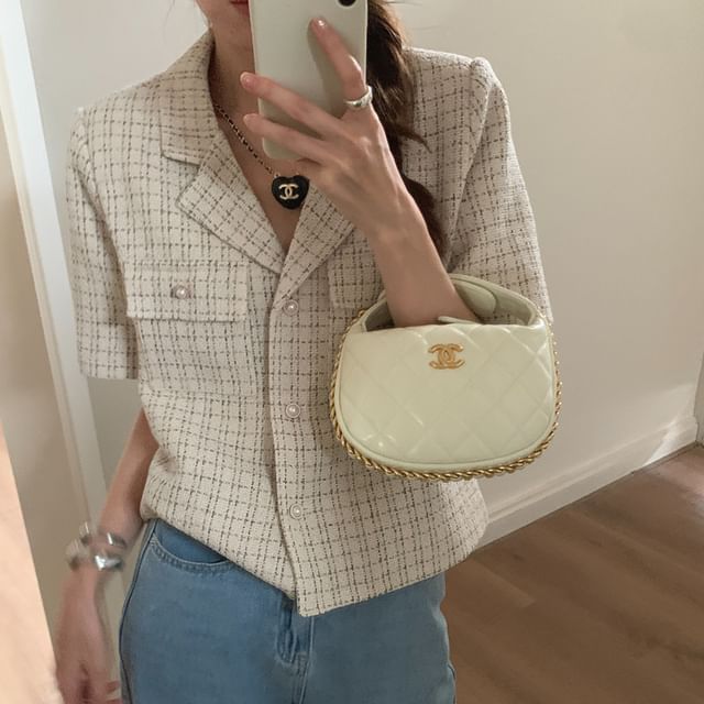 Short Sleeve Notch Lapel Tweed Faux Pearl Button Jacket