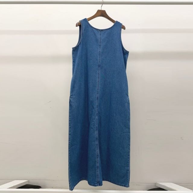 Washed Round Neck Sleeveless Denim A-Line Maxi