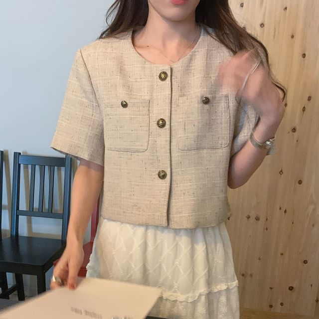 Short Sleeve Round Neck Tweed Button Jacket