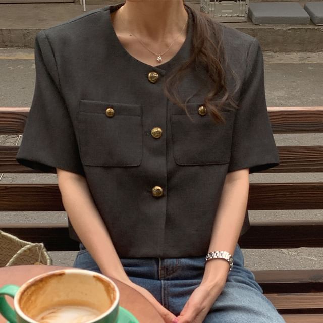 Short Sleeve Round Neck Tweed Button Jacket