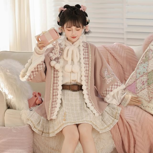 Long-Sleeve Stand Collar Jacquard Fluffy Trim Blouse / 3/4-Sleeve Rabbit Applique Open Front Jacket / High Waist Pleated Tweed Mini A-Line Skirt / Belt / Set