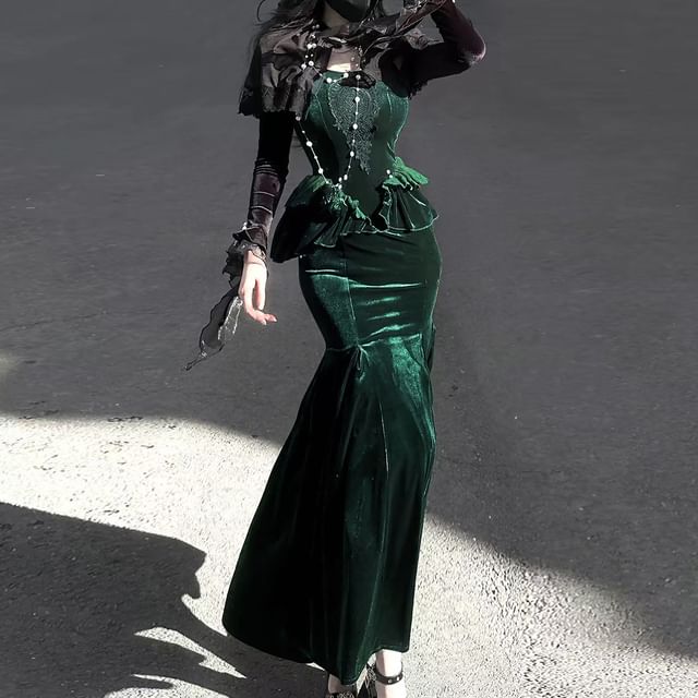 Mesh Panel Velvet Shrug with Lace Mermaid Dress Set